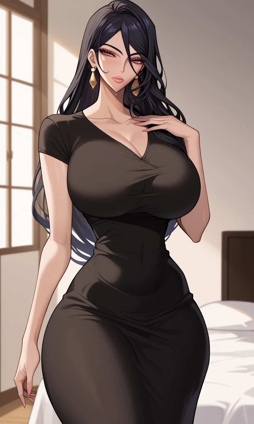 (masterpiece, highest quality, highest quality, Official Art, Beautiful and aesthetic:1.2, Cinematic lighting、Key light at 45 degrees from the front, Fill Light、Soft backlight),
Beautiful Face、Perfect round ass、The body is slim、Fit and body、Pale skin、Shiny, bright eyes、Long eyelashes、Glossy face、Pervert woman、Beautiful mature woman,
(Oily skin、Glowing Skin、Realistic skin texture、Beautiful skin in every detail、Shiny skin),
A 23-year-old 、(Cute:1.5)、
((Open your mouth))、masterpiece,highest quality,High resolution,Very detailed,skinny,,((Captivating smile ))、(skinny Black hair)Choker,Earrings,Big cleavage、(Light-colored off-the-shoulder tight sweater dress:1.5)、,Race,(( Perfect Fingers )) , indoor,(Open the front door 1.2),((sexy Gestures:1.5, A flirtatious, sexy face、A sweet, ecstatic face:1.5, Open your mouth and look at me))、Heavy breathing ,
Accurate 5-finger、Accurate human body、The perfect human body、The most beautiful face, true to the human body、Correct five-finger、The perfect human body、Someone knowledgeable、Highly detailed face and skin texture、Natural neck length、(beautiful Hands)、beautiful, Long, slender legs、Straighten two legs、Straighten two arms、(Mega Big Tits)