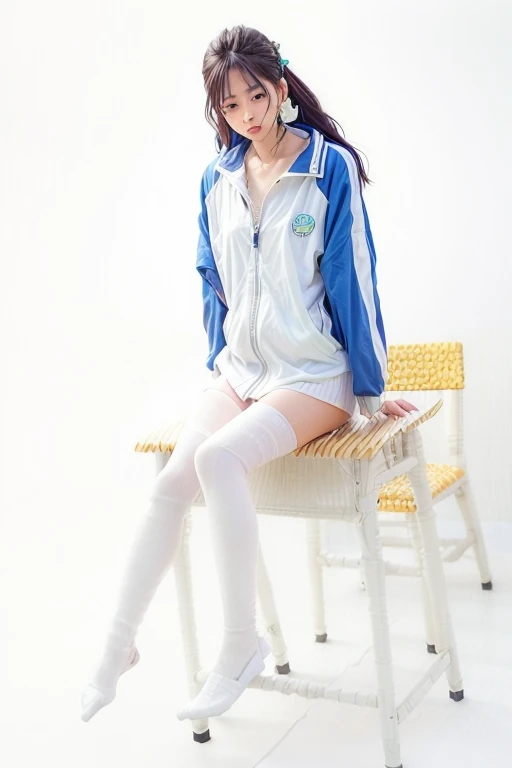 (8k, RAW Photos, Highest quality, masterpiece:1.2), High-quality RAW color photos, Professional photography, Cinematic Light, alone, (((young woman, Gal))), (Sharp features), (Small face), (Skin with attention to detail:1.2), clavicle, Cute Face, Beautiful appearance, Long eyelashes, (Black Hair, blue eyes, Short Hair), Beautiful big breasts, (Slim figure:1.4), Highly detailed face and skin texture, , （Sailor suit），mini skirt, loose socks:1.3, (Dynamic pose:1.0), Embarrassing pose,Sit on the stairs, School building stairs, Artistic painting,Attractive thighs, Open your thighs, (A very fine touch:1.2), (A shy smile), (Beautiful breasts), (concentrate), (sweating:1.2), (Open your mouth), Highly detailed face and skin texture, Look to the side, from before，(((spread_feet, Pussy, Split_ feet, from before, I can see your underwear，White pants、)))，（Nipples are visible），The whole body is visible、H Cup
