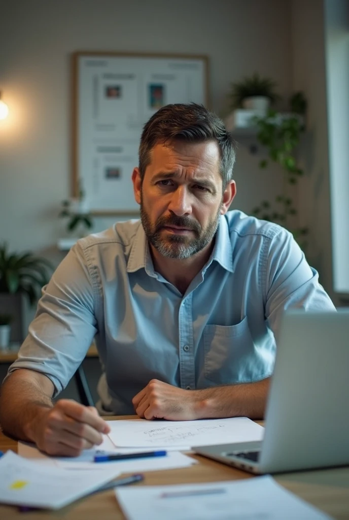 Video of someone man sitting at a table with a dizzy expression, surrounded with notes and laptops, shows a sense of fatigue or confusion. Focus on the desk area with workpieces and a bit of visual clutter.