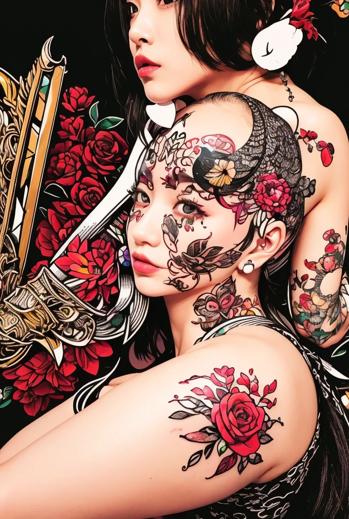 realistic, super photo realistic illustration, highres, ultla detailed, absurdres,
extremely beautiful lady, (off shoulder:1.3), (delicate paper cutting art:1.5), (zentangle:1.3),
(ultra detailed mouse tattoos on her back, tattoo fused with mouse, body paintings:1.5),
(ultra detailed mouse tattoos on her back, tattoo fused with mouse, body paintings:1.5),
(ultra detailed mouse tattoos on her back, tattoo fused with mouse, body paintings:1.5),
(gothic girl dress decorated many jewelries,frills, traditional Japanese wearings with frills, ultra detailed embroidery dress, goth, gothic lorita, frills, frills, frills, white lace veil, gothic bonnet decorated many flowers:1.8), (traditional Japanese ornaments, rabit ears:1.8),
beautiful long hair blowing in air, hair ornaments with jewelries and light chains,
dynamic pose, action pose, open pose, dynamic angle, (full body:1.2),