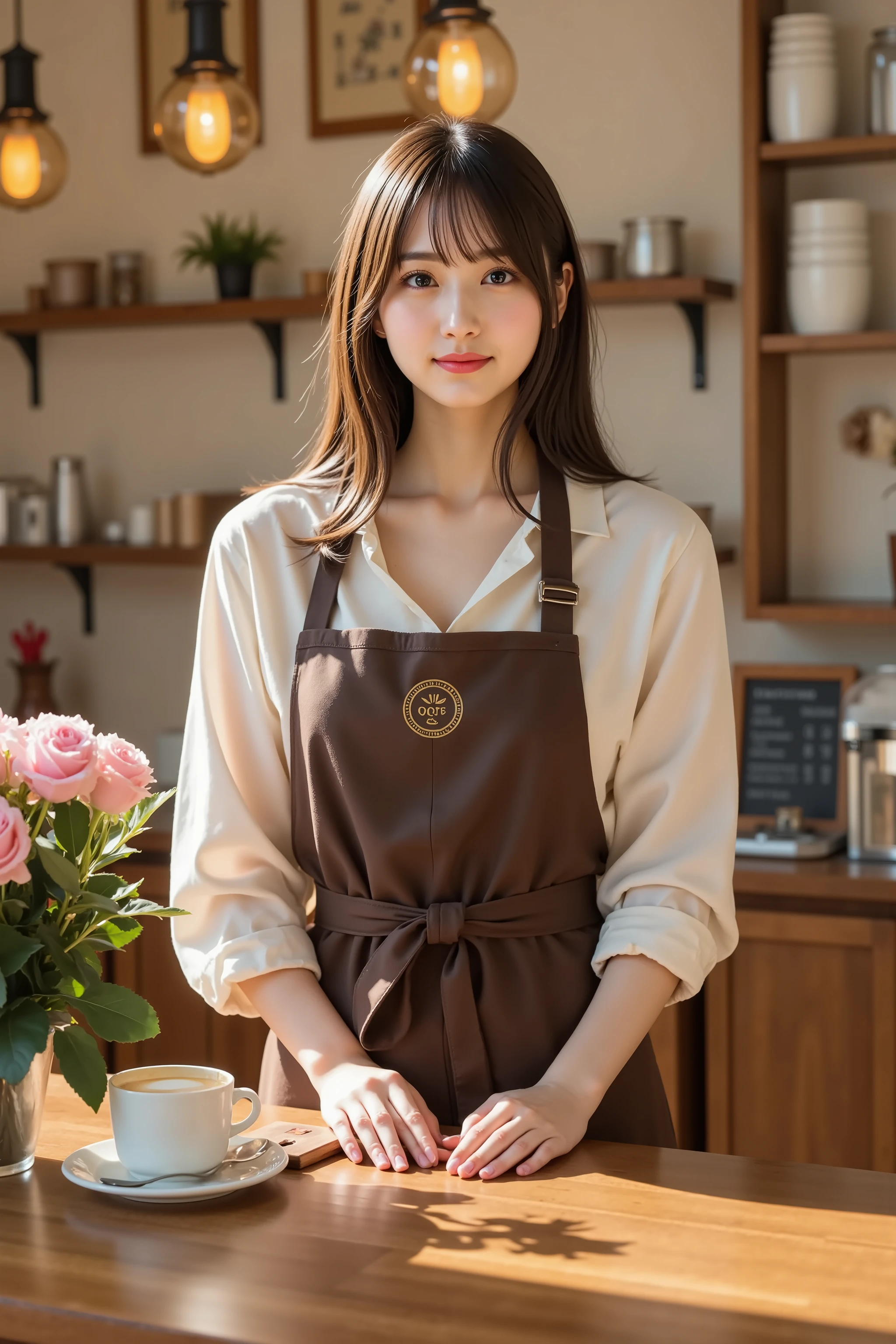 firm breast, by adjusting the framing so the subject's full head is visible within the composition, with the crop showing only from just above the bust to slightly above the top of the head. Ensure there is a comfortable amount of background space above the head to establish spatial context. A cozy café setting featuring a barista outfit that blends simplicity with professionalism. The uniform includes a crisp ivory blouse with sleeves rolled to the elbows, offering a relaxed yet tidy look. The blouse's fabric is lightweight with subtle texture, gently reflecting warm overhead light and adding dimension to the soft tone. Worn over it is a dark brown apron with a gold-embroidered circular logo reading 'QPFEE' at the chest. The apron ties at the back with a wide sash and is made from durable matte fabric, offering structure and comfort. The barista stands behind a polished wooden counter with natural grain and a smooth, glossy finish that catches the café’s warm lighting. Behind her, wooden shelves hold ceramic mugs, metal containers, stacked cups, and jars, arranged with care. Potted greenery adds a refreshing touch, and the wall is decorated with framed prints and a chalkboard menu. Pendant lights with amber glass shades hang overhead, casting a golden glow that highlights the counter and reflects off polished surfaces. To the side, a stainless-steel espresso machine sits ready for use, with a tamper, milk pitcher, and steaming wand beside it. On the counter rests a cappuccino in a white cup, its foam shaped into a delicate heart. Next to it, a small vase of fresh pink roses brings softness to the wood tones. The scene blends texture, lighting, and thoughtful detail to create a warm, welcoming café environment.