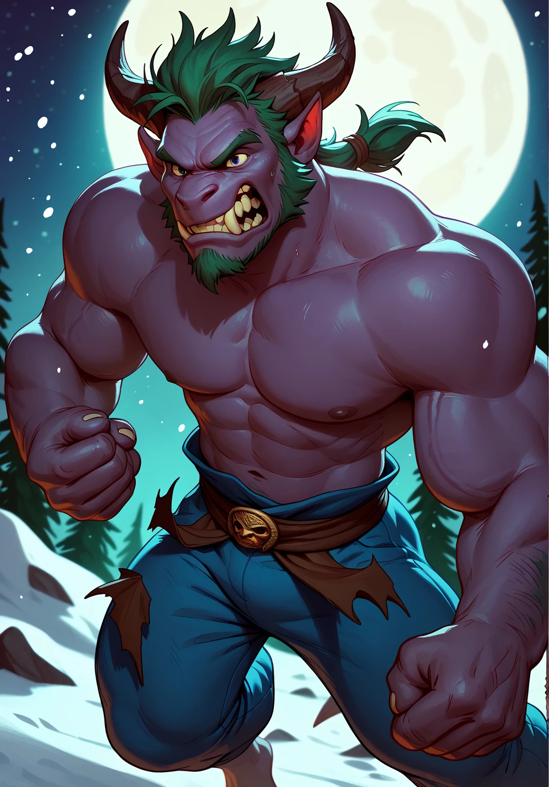 Solo, male (((orc, humanoid, blue eyes, black pupils blue iris, muscular, big pecs, abs, green body, black hair, facial hair, beard, beard pony tail, braids, chest hair, teeth, exposed teeth, brown loincloth, big bulge))) standing, full body, perfect anatomy, by darkgem, by mystikfox61, by glitter trap boy