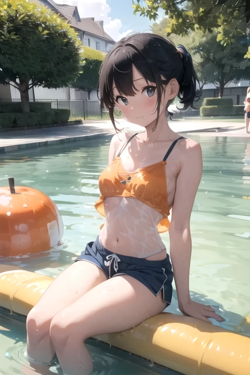 pieces fly、masterpiece、highest quality、Super detailed、High resolution、High resolution、8K portrait、Unity 8k壁紙のHigh resolutionCG、unity 8k wallpaper、cute:1.5、upon:1.5、Highly detailed CG unity 8k wallpaper、realistic、real person、cute、 portrait photography、shiny skin、High resolution、(:1.2)、(1 girl)、beautiful clear eyes、very detailed explanation、delicate face、nice lips、slender body、small breasts same thin waist、thin legs、(Poolside:1.6)、seriously, (blush:1.5),(brown hair bob:1.3),((there are many people nearby:1.4)),(small breasts:1.2),same,((navy blue school swimsuit:1.5)),((tits topless:1.5)),((I have nipples:1.5)) Detailed description vagina,show vagina,spread legs,spread 、(((Orgasm in the vagina:1.5))),((open your legs:1.5)),((get your knees up:1.5)),((grab knee:1.3))