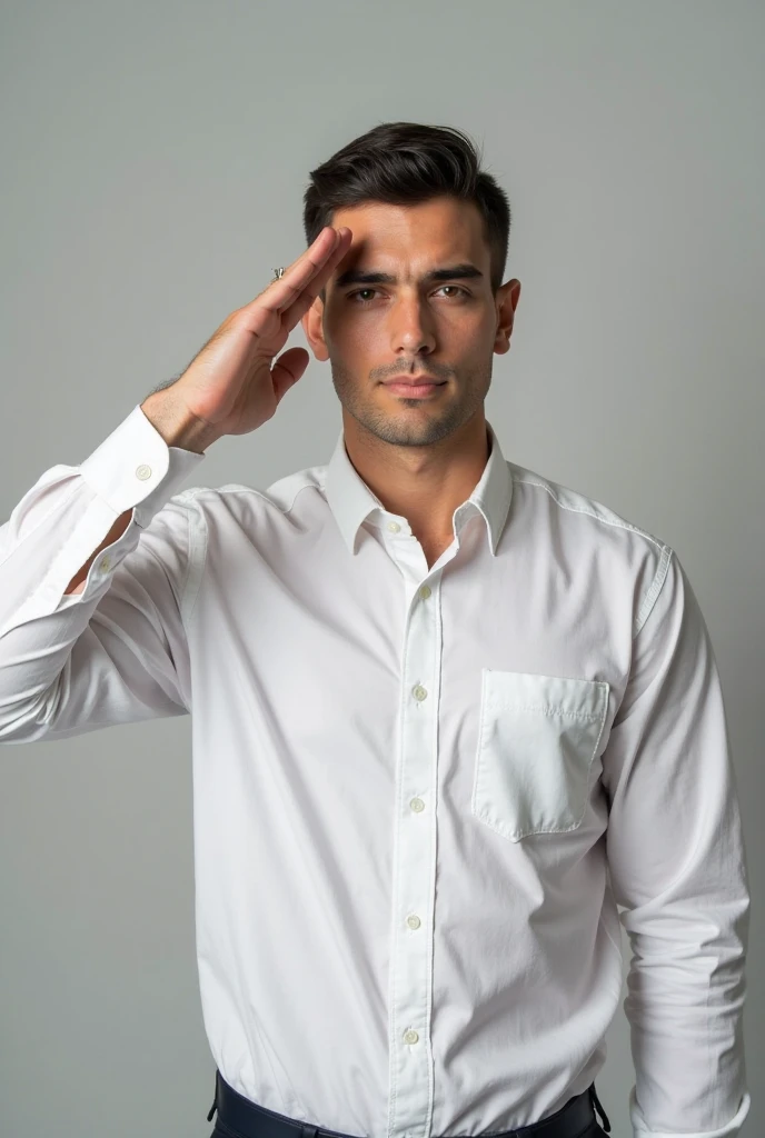 A young man wearing a white shirt salutes
