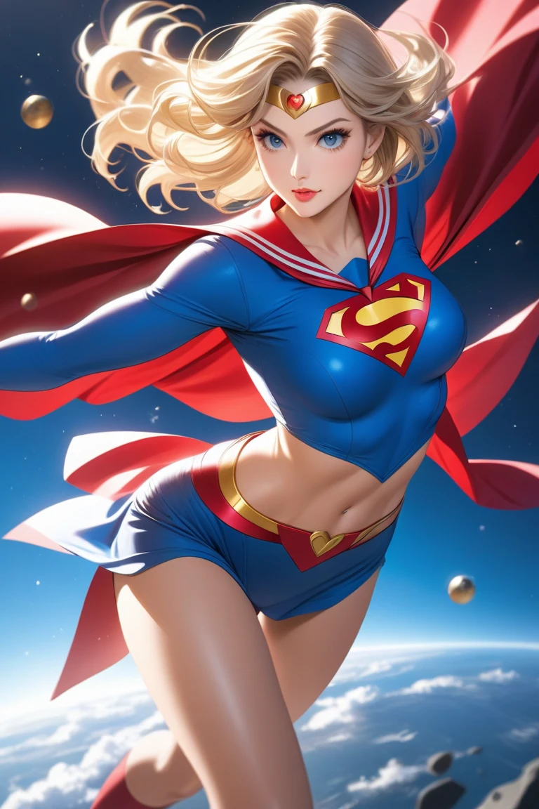 NamiFinal, nami do anime one piece, cabelo laranja, franja, cabelo em um coque, Lindo, Lindo woman, corpo perfeito, seios perfeitos, Superhero Supergirl, terno Supergirl, capa vermelha, S do super-homem no peito, blue swimsuit, saia azul, botas vermelhas, usando brincos, wearing a watch, no Parque, cherry tree, Traditional house Japan, olhando para o espectador, leve sorriso, realismo, obra de arte, couro texturizado, super detalhe, alto detalhe, alta qualidade, melhor qualidade, 1080P, 16k