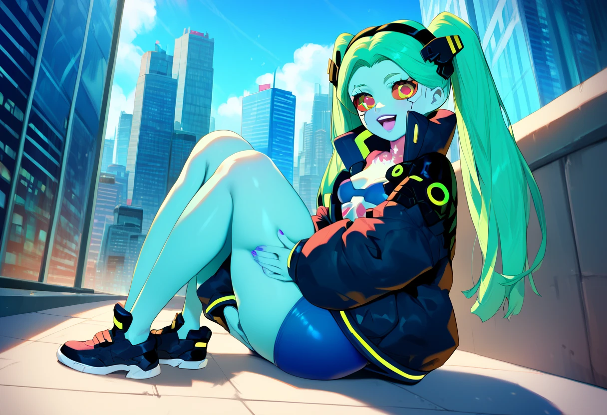 1girl, rebecca, looking soft, sitting on rooftop, night city cyberpunk 2077, twintail, masterpiece  <lora:rebecca_xl_a3-000012:1>
