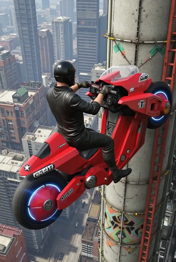 (Bike that runs the wall surface:1.0), ビルの屋上, GTA, Los Santos, graffiti and bullet marks, Bills fall,  (very wide shot), dynamic angle