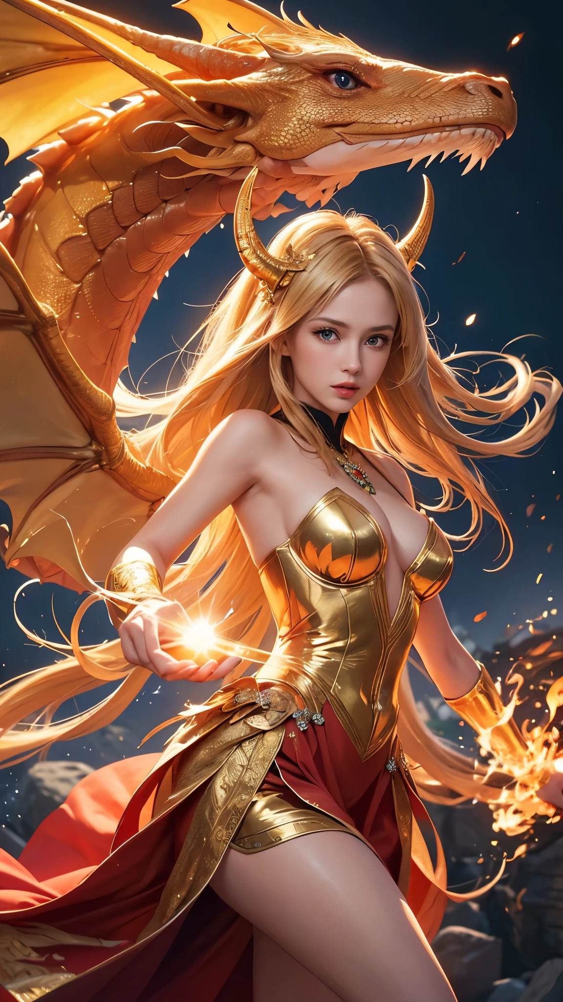 Adult female, long hair, underwear, golden eyes, vertical pupils, magic, tattoos, dragon horns, epic reality, necklace, (CG Unity 8K wallpaper with extreme detail, masterpiece, highest quality), ray tracing, reflective glow white: 1.5, textured gloss orange: 1.3, (rendering excellent enough to stand out in its class), full body, wings