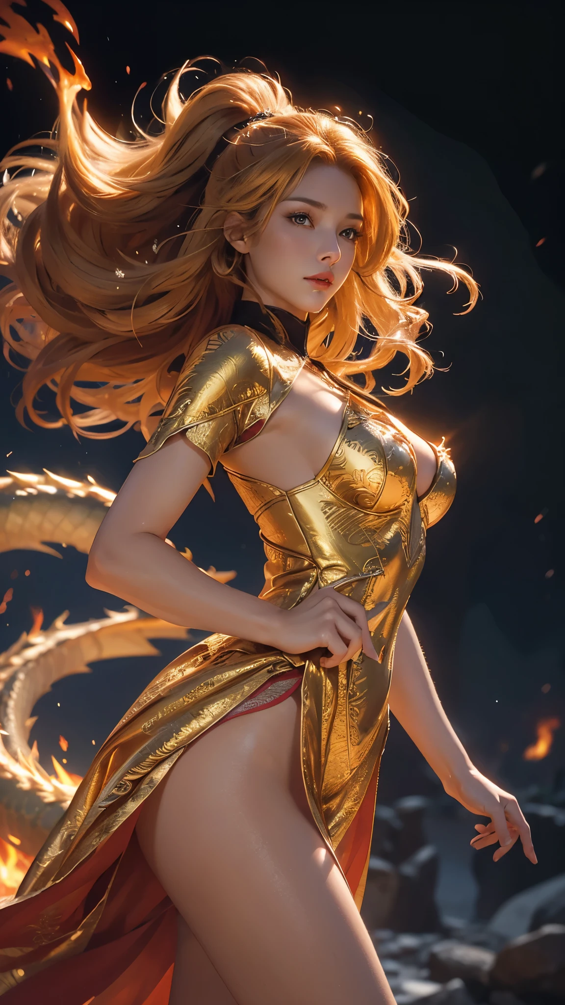 Adult female, long hair, underwear, golden eyes, vertical pupils, magic, tattoos, dragon horns, epic reality, necklace, (extreme detail CG Unity 8K wallpaper, masterpiece, highest quality), ray tracing, reflective glow white: 1.5, texture gloss orange: 1.3, (rendering excellent enough to stand out in its class), full body, wings, mountain top