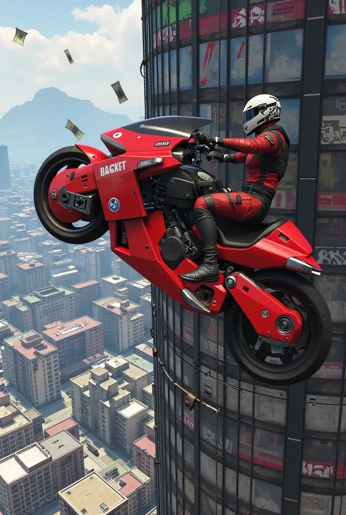 (Bike that runs the wall surface:1.0), ビルの屋上, GTA, Los Santos, graffiti and bullet marks, Bills fall,  (very wide shot), dynamic angle