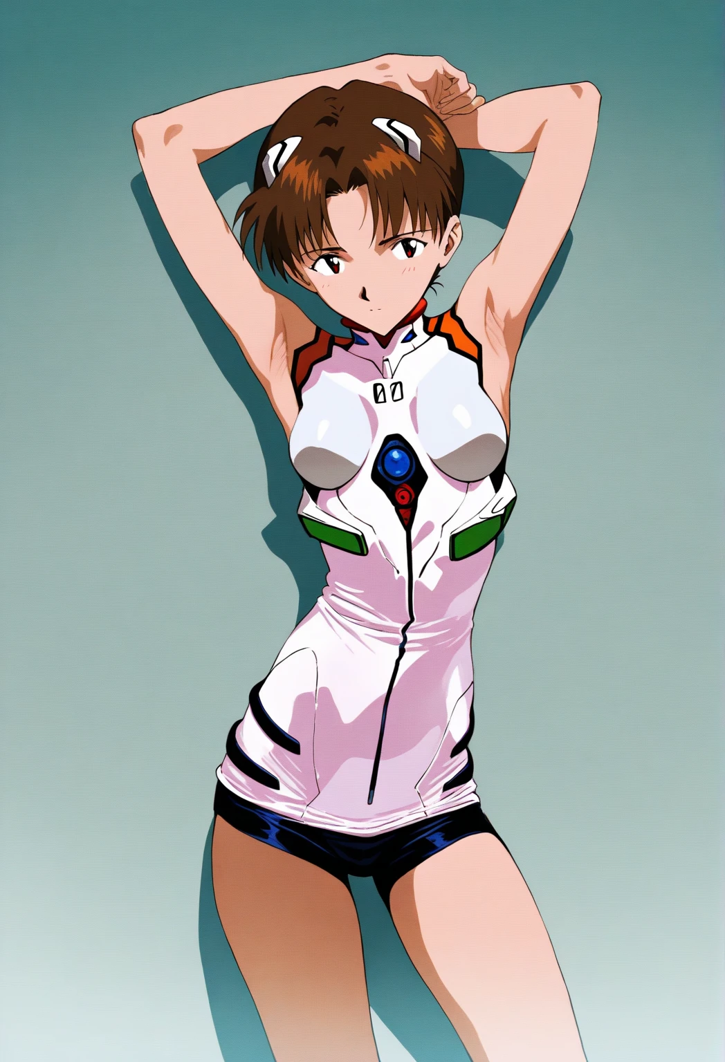 (1990's anime, retro art style, masterpiece, best quality, highly detailed), 1girl, nudity, simple background, front angle, slanted eyes, very short hairstyle, nudity, little girl, chubby, bend forward, large blest, biggest tits, huge saggy tits, large areola,inverted nipple, spread legs, barefoot, bare feet,