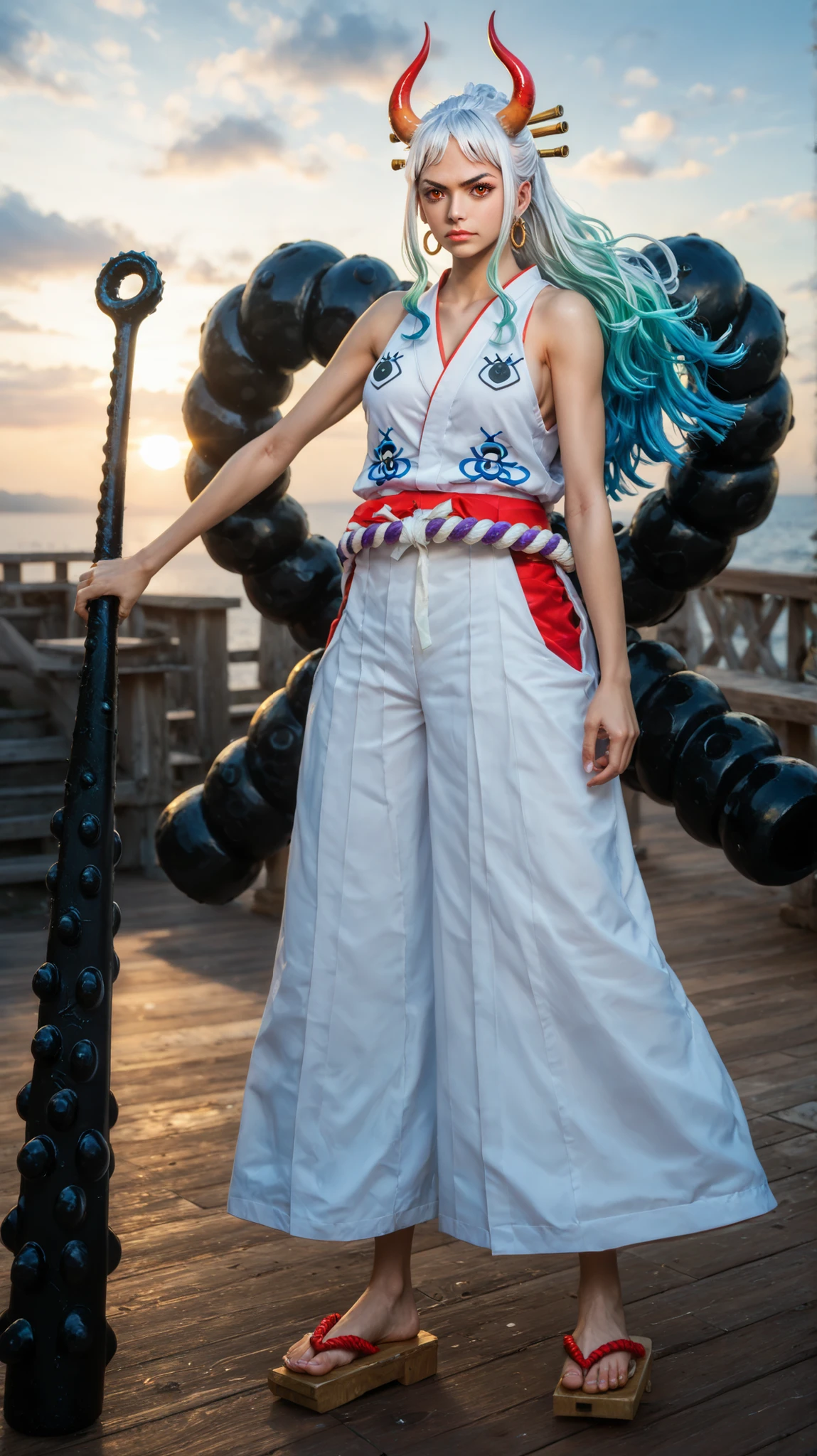 Yamatowanpi (multicolor hair: 1.2), light green hair (best quality: 1.0), (highly detailed: 1.0), (1 girl: 1.3), score_9, score_8_up, score_7_up, score_6_up,yamato \(one piece\), Yamatowanpi (multicolor hair: 1.2), light green hair (best quality: 1.0), (highly detailed: 1.0), (1 girl: 1.3), Japanese clothing, kimono, jewelry, bare shoulders, sleeveless, sleeveless kimono, shimenawa, looking at viewer, rope, bare arms, V-shaped eyebrows, weapon, club (weapon), hakama, kanabou, closed mouth, orange eyes, aquamarine hair, spiked club, red eyes, two-tone hair, serious, frowning brow, sky, fighting stance, spread fingers, volumetric lighting, best quality, masterpiece, intricate details, tone mapping, sharp focus, hyper detail, Asian, cute, beautiful (26 years old), toned stomach, horns,