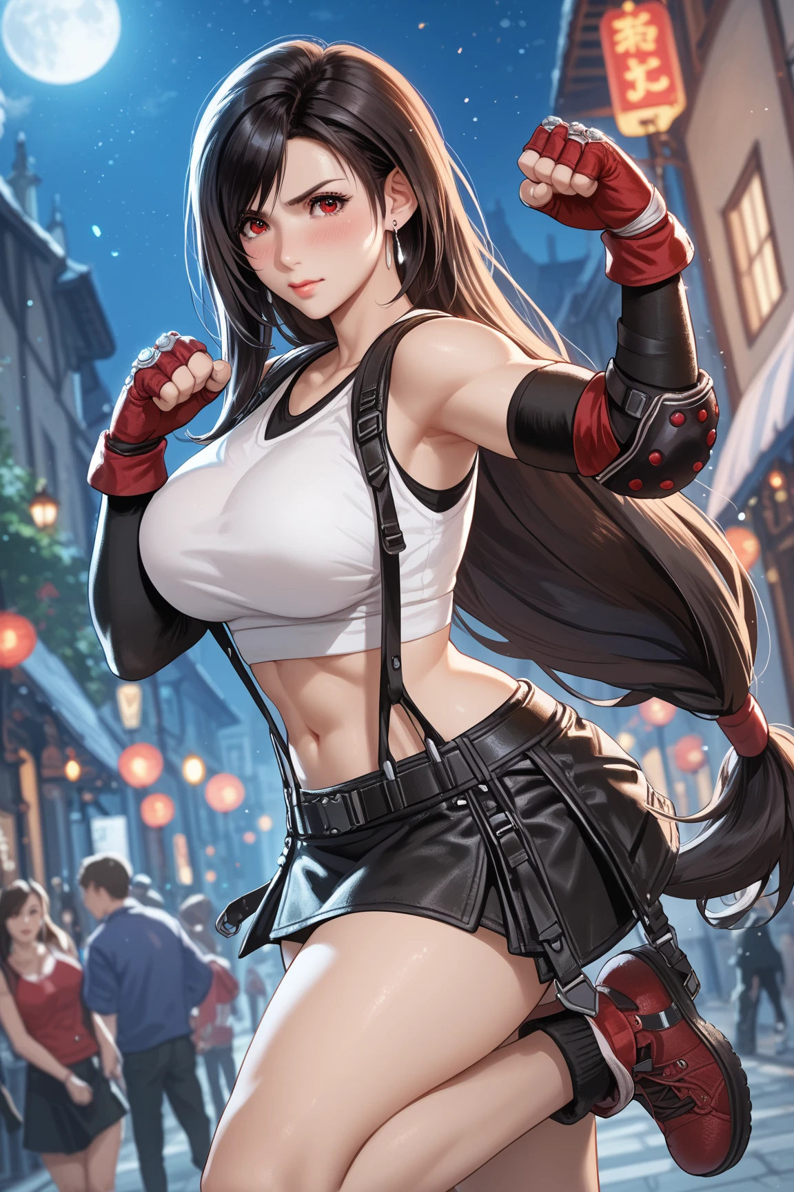 Best Quality, ultra-detailed, high resolution, extremely detailed CG, unity wallpaper 8k, super detailed skin, detailed, dynamic lighting, beautiful detailed eyes, defTifa, White crop top, elbow pad, Gloves without fingers, suspenders, very short pleated mini skirt, Red boots, Bar, showing panties, dynamic pose, Red eyes, Serious, SMILE, fighting stance, combat,