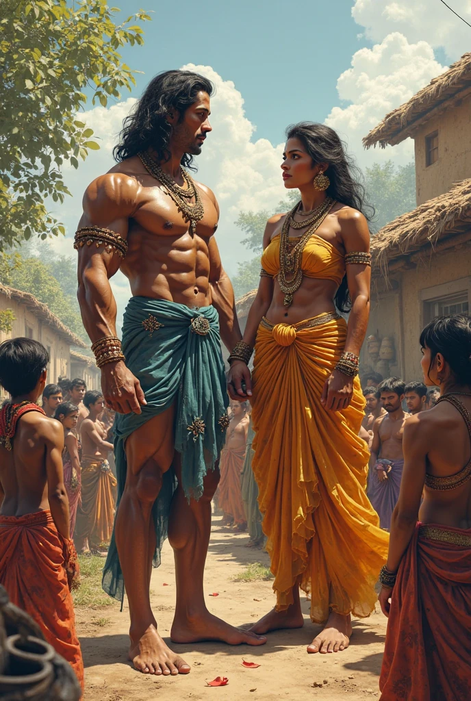 In Cinematic 3d cartoon style " A beautiful forest scene with Lord Ram, Sita, and Lakshman. Shurpanakha, a demoness with an enchanting yet fierce appearance, approaches Lord Ram with a proposal of marriage"