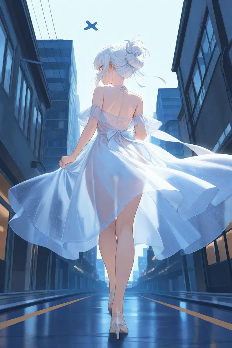 Blonde　ponytail　blue eyes　A beautiful woman　Simple Background,  Red lips, clear　White dress　Black heels　Adult atmosphere　Walking around the city　Glare/Make a displeased face/Dissatisfied, 