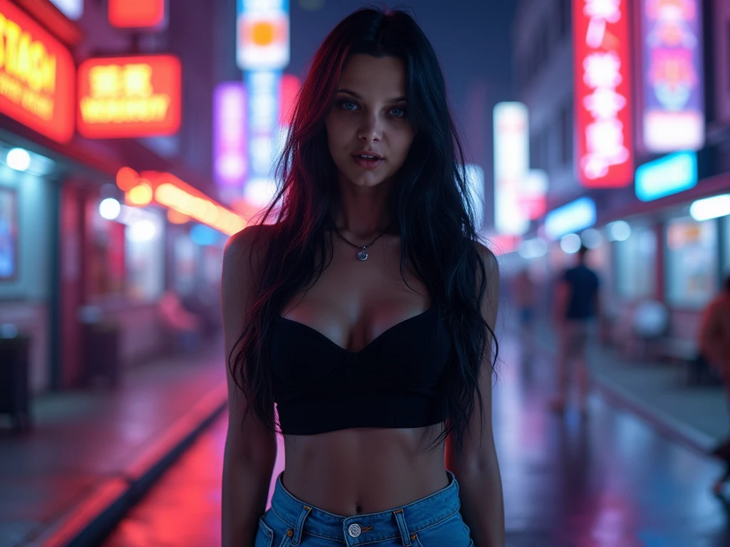 a beautiful girl with gorgeous blue eyes glowing with magic, gothic makeup, large breasts, open clothing, white shirt, black mini skirt, rain, wet clothing, street, night, cinematic lighting, dramatic pose, gorgeous detailed face, intricate details, masterpiece, photorealistic, 8k, highly detailed