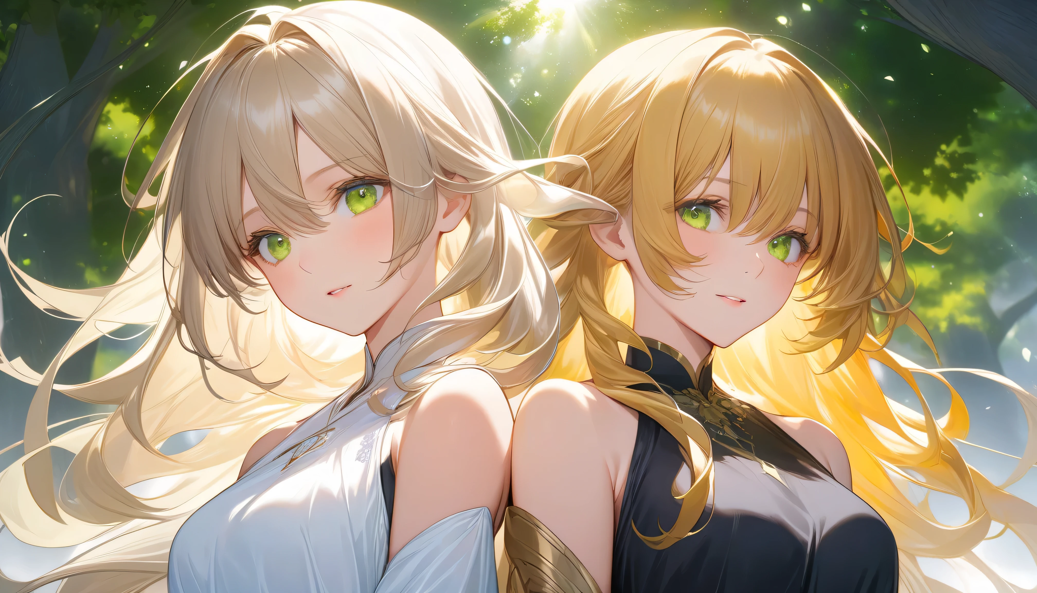 ((background:1.3)(Upper body above waist :1.2),top quality, high resolution,( HD:1.2), masterpiece, detailsなbackground,age beauty,( 非常にdetailsな顔:1.2), detailed expressions ,( details:1.2),altitude 2,Green tree々がbackground,The sun shines brightly in a clear sky,(Normal number of fingers:1.3),(Green tree々There are 2 girls beside:1.5), The two gods 々 each face is delicate and beautiful ,facing the front,both have a mystical atmosphere like heavenly beings,Their gaze attracts viewers, They exude supernatural appeal, in the background , has golden wavy hair , and the other has deep, dark, lacquered hair , her hair flows gracefully on her shoulders , beautiful women stand side by side ,and they are each wearing a white dress and a black dress, soft, fantastic light illuminates them