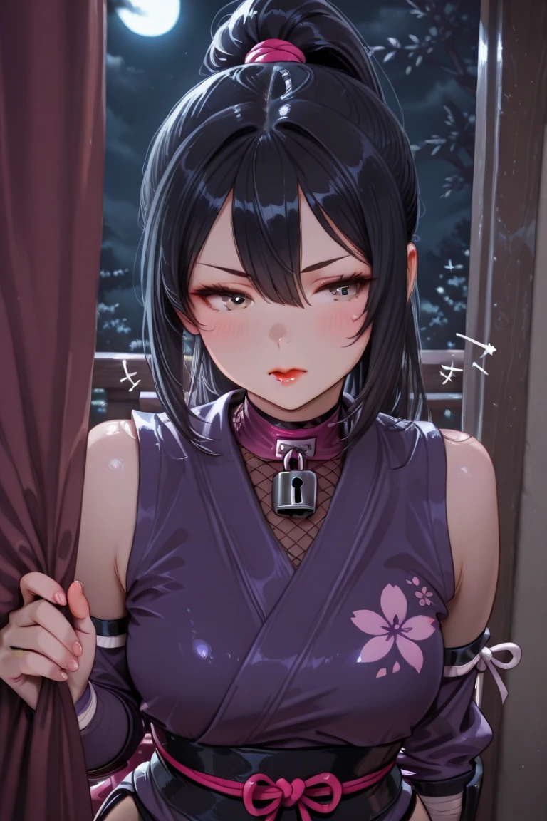 Top Quality, 8K, 4K, High Definition, Detail, (better-quality, 8K, 12), top-quality, 1 girl、purple short bob hair clip tied into a bun、black eyeedium breasts、uniform、gray jacket with pink line, fingerless gloves、thighs、Ilcha fousing on her, surprise face, having her hands her face, making cute surprise expressing. picture pose, she is standing up, (NSFW)