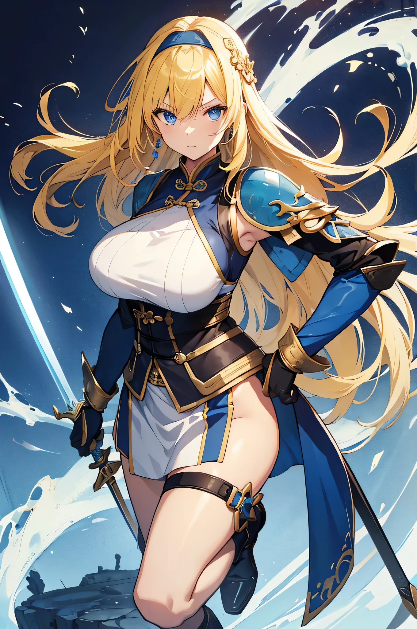 masterpiece, best quality, 1girl, breasts, solo, blonde-hair, blue-eyes, pelvic-curtain, navel, armor, large-breasts, ponytail, cape, cleavage, gloves, weapon, looking-at-viewer, smile, boots, fingerless-gloves, full-body, very-long-hair, standing, revealing-clothes, bikini-armor, black-gloves, fur-trim, simple-background, thighhighs, stomach, hand-on-hip, gauntlets, shoulder-armor, hair-bow, closed-mouth, bow, high-heels, midriff, armored-boots, hand-up, thigh-boots, thighs, ribbon, hair-between-eyes, v-shaped-eyebrows, blush, hair-ribbon, sheath