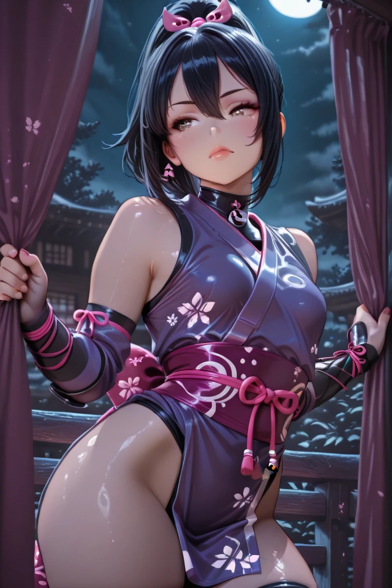 Raise your hands behind your head、night、(masterpiece、Highest quality、Very detailed、so beautiful、Full Body)、(((Pink dense fog effect:1.9)))、((steam:1.6)), Attractive woman、Angry expression、Sweating profusely、soaked、((Alluring female ninja、Purple Shinobi Costume:1.8))、(Thick lips、Thick eyebrows、Almond-colored eyes、Black Hair)、((Skin:1.4))、Chest wrap、Navy blue long scarf、(From below:1.2)、Japanese garden、(pubic tattoo、glowing tattoo:1.3)