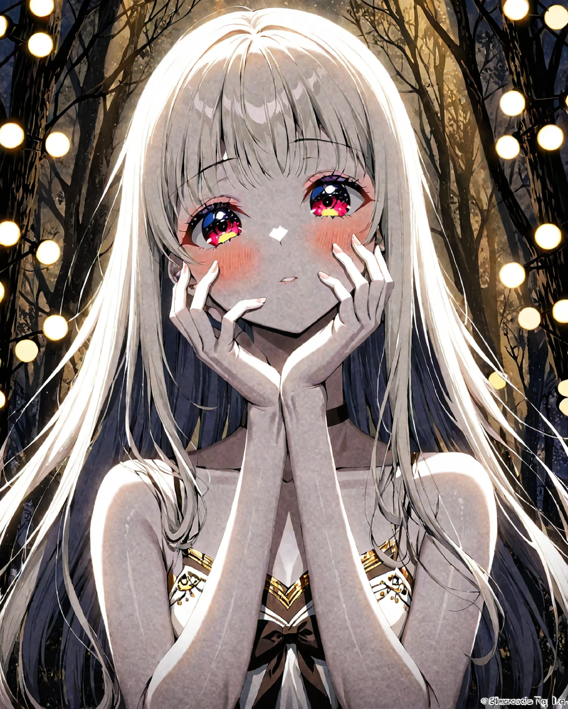 pretty girl with long white hair, White skin, And red eyes, In a forest with lights like in a movie, Dark and dimly lit. . She wears a white dress with dark gold tones , Her eyes stared at, looks at the audience. White skin, Her face is delicate and flawless., Masterpiece, The highest quality artwork . . The image is an incredibly high resolution 8K CG wallpaper , With artistic film lighting and film tone with neutral filters.