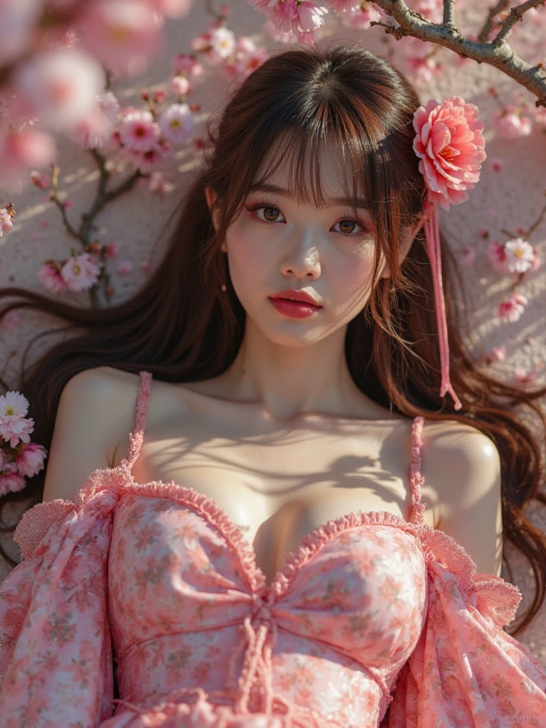 One Girl, Large Breasts, Floral, Lisianthus ,Light Pink and light blue styles., A dreamy, romantic piece., Light Pink, Intangible documents, A fun arrangement, Fantasy, High Contrast, Ink strokes, explosion, Overtouch, Impression of purple and red tones , Abstract, Negative Space,