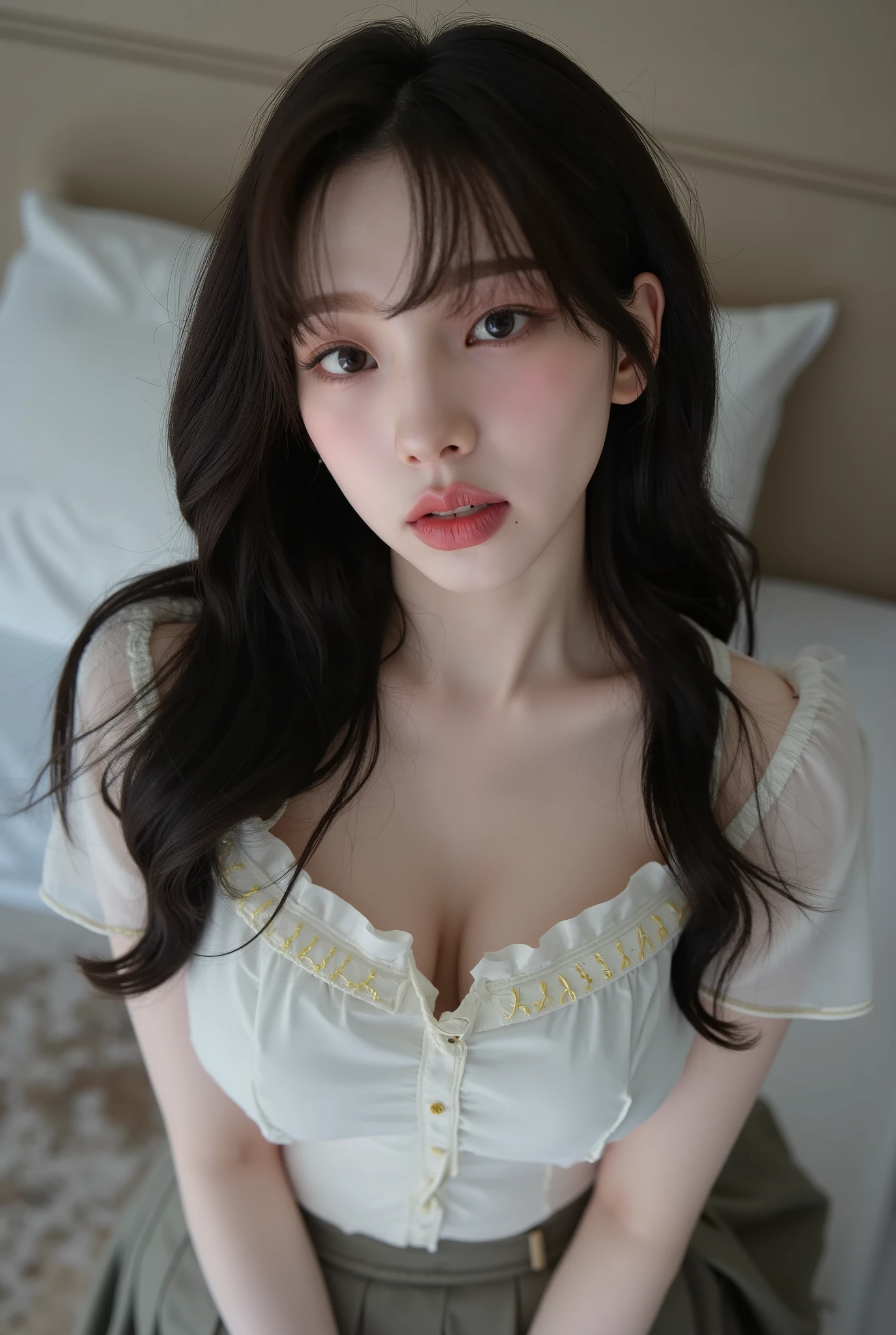Araffe woman in a white dress sitting on a sofa, Peinado blanco de corte hime, ulzzang, Jinyoung Shin, con cabello largo y rizado, flequillo rizado, a young asian woman, Chica coreana, Cabello blanco rizado, Hermosa joven coreana, Hermosa joven coreana, Hermosa mujer surcoreana, Jaeyeon Nam, Bae Suzy, El Corte Hime, Taejune Kim