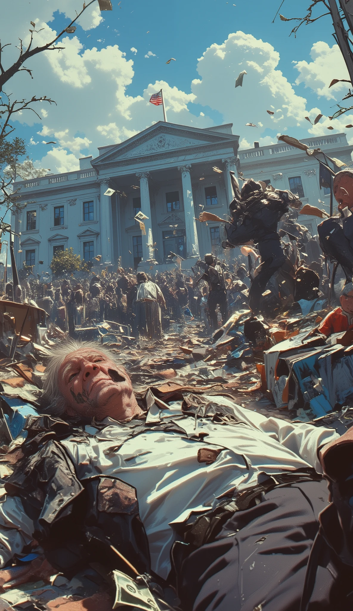 (tariff battle, Graffiti, bullet holes, (stolen bills falling:1.5), Generate a (GTA-style:1.5) tariff battle, Top quality, ultra fine, 16K, incredibly absurd, highly detailed, 2.5D, delicate and dynamic, A fat, blond white 83years old president man lying on garbage dump of the Whitehouse after losing a tariff fight