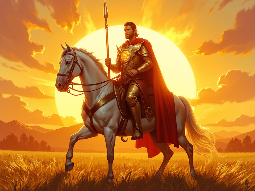 A cinematic, hyper-detailed rendering in the style of a South Brazilian-inspired fantasy, depicting a weathered vaqueiro gaúcho (35-45 years old, dark olive skin, strong features, determined expression) astride a powerful, muscular crioulo horse (dark bay coat, rippling muscles).  The vaqueiro, clad in reinforced, dark brown leather chaps and jacket, accented with deep red stitching mirroring Brazilian folk art motifs—geometric patterns and stylized floral elements—wears a wide-brimmed felt hat casting shadows over his intense eyes. His posture is , radiating strength and vigilance; his right hand firmly grips the reins, his left rests on the hilt of a long facão (machete) in a tooled leather scabbard at his hip, a finely crafted whip coiled at his waist.  The setting sun bathes the endless pampas in warm hues of orange and rose, casting long shadows across the tall, windswept grasses.  The composition features a low-angle, wide shot, emphasizing the vastness of the landscape and the guardian's imposing silhouette against the fiery sky. The scene is imbued with a sense of quiet strength and watchful protectiveness, a blend of ruggedness and poetic beauty, evocative of the Brazilian pampas at dusk.  Focus on detailed textures—rough leather, wind-tossed grass, gleaming horsehide—and a hyperrealistic rendering style, capturing the emotional weight of the scene.  Influenced by classical cinematic compositions and South American folk art aesthetics.
