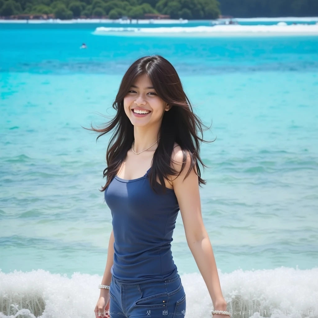 RAW photo, delicate, best quality, 1girl, solo, 8k uhd, film grain, (photorealistic:1.3), (detailed skin:1.2), 1 girl, cute, solo, (beach), (sea), (blue sky), (nose blush), (smile:1.15), (closed mouth), cleavage, (denim), (jeans), beautiful detailed eyes, daylight, floating hair NovaFrogStyle, full body, see-through, wet clothes, ((white T-shirt)), happy, hot <lora:DingZhenlora_v1:1>