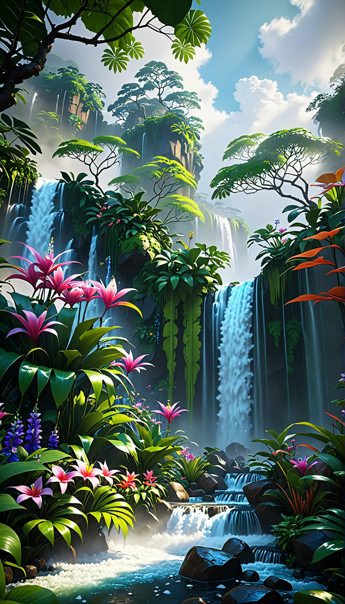 I'm imagining、Chroma V5、Bink Punk 、masterpiece、最High Quality、High Quality、very well detailedなリアルな8k壁紙、Textured Scenery by Greg Staples、World's Most Beautiful Jungle Scenery Pictures、( Natural Landscape)、Award-winning photo、Chromatic Aberration、HD、bloom、Photorealistic Happy Feeling、very well detailed、Popular on Artstation、Popular on CGSociety、 complicated 、High detail、dramatic、RTX on、Magical Sparkling Flowers々、(fog)、 fantasy、waterfall
