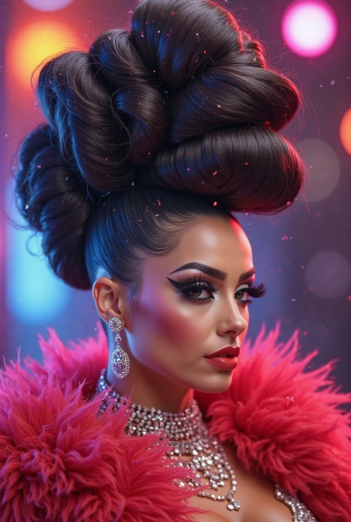 Photo of lady gaga accessories on face and body ,4K texture, long hair, high quality, extravagant hairstyle, original album cover, 8k image, futuristic, high image quality, at night, hair accessories, 8k image, realistic face in high quality, full body, different body poses, high quality on face, defined features, HD