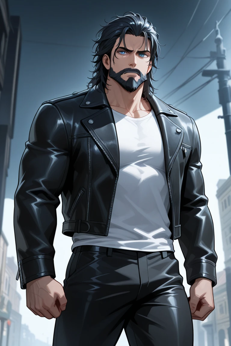 Create a character, he is a man with his 37 years, with muscular body, model appearance, black hair, beautiful face, rocker style with rockeiro jeans, rockeiro jacket and with a guitar on the back, 4K --auto