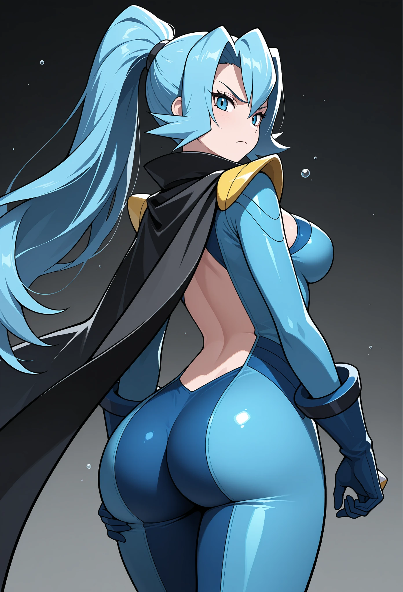 The character in the image is a striking figure with a sharp, determined expression on her face. Her facial features are finely chiseled, with high cheekbones, a slender nose, and full lips that are slightly parted. Her eyes are almond-shaped and piercing. Her hair is a silvery-white color, styled with a dynamic flair; it is short on one side, cascading down in layered waves, while the other side is pulled back into a high, flowing ponytail secured with a blue feathered ornament. The hairstyle, combined with her pointed, elfin ears. She is clad in a sleek, form-fitting armored outfit in shades of blue and silver. The armor includes intricately designed shoulder plates and a chest piece that highlights her lithe form, with glowing blue accents that match the energy of the bowstring she is drawing back. She is bent over (ass view) to display her large ass