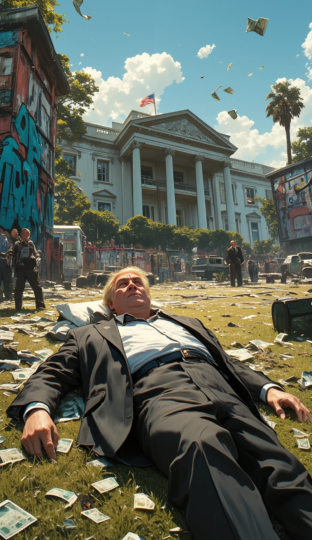 (tariff battle, Graffiti, bullet holes, (stolen bills falling:1.5), Generate a (GTA-style:1.5) tariff battle, Top quality, ultra fine, 16K, incredibly absurd, highly detailed, 2.5D, delicate and dynamic, A fat, blond white 83years old Mr.President of U.S.A lying on garbage dump of the Whitehouse after losing a tariff fight