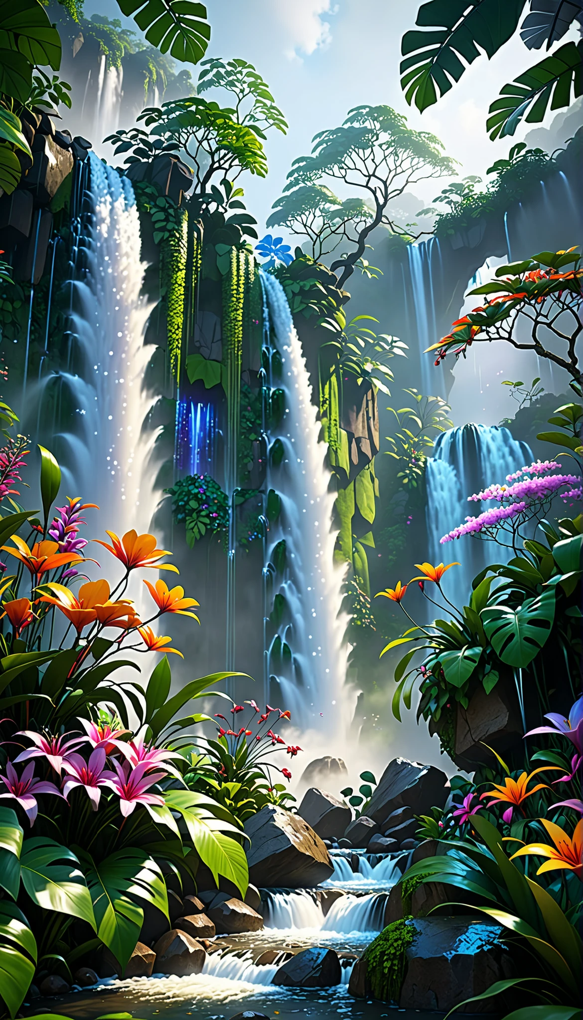 I'm imagining、Chroma V5、Bink Punk 、masterpiece、最High Quality、High Quality、very well detailedなリアルな8k壁紙、Textured Scenery by Greg Staples、World's Most Beautiful Jungle Scenery Pictures、( Natural Landscape)、Award-winning photo、Chromatic Aberration、HD、bloom、Photorealistic Happy Feeling、very well detailed、Popular on Artstation、Popular on CGSociety、 complicated 、High detail、dramatic、RTX on、Magical Sparkling Flowers々、(fog)、 fantasy、waterfall