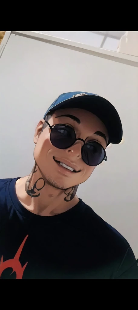 slim boy with tattoo big eyes white skin on a beach smiling