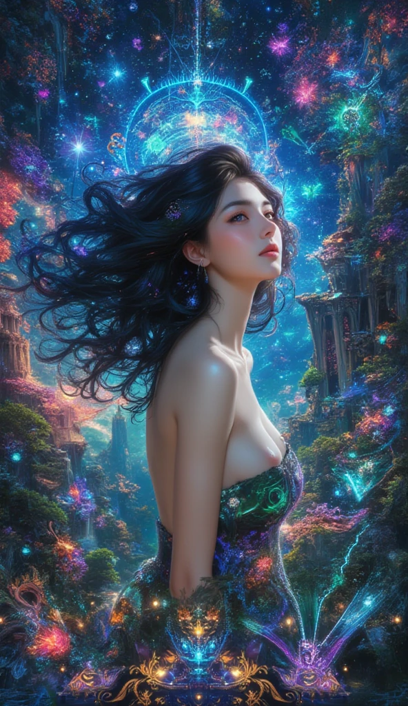 "Create an ultra-high resolution (33554432K) watercolor illustration depicting the world's most unique woman, a living embodiment of unparalleled individuality. Emphasize an extraordinary blend of diverse cultural elements, futuristic concepts, and natural phenomena in her appearance and surroundings. The image should be a mesmerizing fusion of reality and fantasy, challenging conventional notions of human appearance and expression.
Central Focus:
The Woman: An extraordinarily unique individual with features that defy conventional categorization.
Surroundings: A dynamic environment that reflects and complements her uniqueness.
Symbolic Elements: Objects and patterns that represent various aspects of her individuality.
Character Details - The Woman:
Face:
Asymmetrical features with each side representing different ethnicities or ages.
Eyes of different colors, shapes, and possibly non-human characteristics (e.g., compound eyes, bioluminescent).
Hair that transforms from organic to inorganic materials (e.g., flowers to fiber optics).
Body:
A harmonious blend of different body types and skin tones.
Limbs that seamlessly transition between human, animal, and plant-like forms.
Skin with patterns reminiscent of various natural phenomena (e.g., galaxy swirls, tree rings, ocean waves).
Attire:
Clothing that defies gravity and conventional design, incorporating living elements and technology.
Accessories made from a mix of ancient artifacts and futuristic devices.
Environmental Elements:
Background:
A landscape that shifts between different biomes and dimensions.
Floating islands with diverse ecosystems.
Portals showing glimpses of alternate realities.
Flora and Fauna:
Hybrid creatures that combine features from different species.
Plants with properties of both organic life and advanced technology.
Lighting and Atmosphere:
Multi-dimensional Light: Light sources from different planes of existence, creating impossible shadows and highlights.
Atmospheric Anomalies: Aurora-like