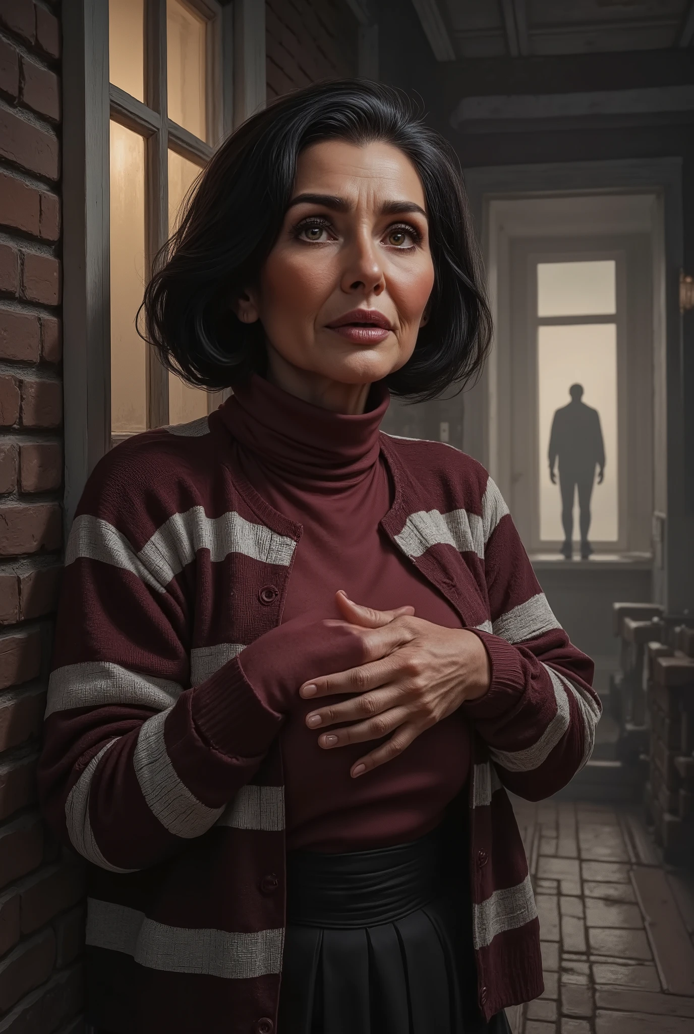 Very old white lady with black short bob hairstyle with a side bangs, she has brown eyes, She on a porch at this house she's stand by a window with blinds open and the lights on the inside the house are turned on. There are two men silhouette shadow figures with there faces tuned away from the window they are standing by inside the house it is the same window were the olders white lady is standing next to with her back up against the brown brick wall next to that window, the window is almost by the front door, The old Lady is shocked and afraid her hands are up against her chest, she is wearing a burgundy long sleeve turtle neck and a black pleated skirt and a long sleeve cardigan over her clothes as a jacket it has horizontal stripes the color of the stripes are white, black, and burgundy.