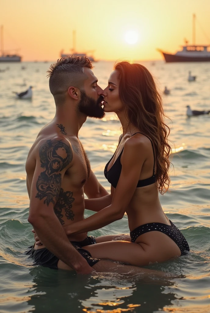 Realistic photography by Olani Aljado full view of 2 people kissing and hugging on top of towels on the seashore with luminescent sand and a sunset with seagulls and boats in the background,Handsome shaved grey haired man with short beard and skull tattoos, kissing and hugging a Persian woman with a beautiful face, long light brown hair with waves over the man's legs, sitting giving him a kiss, dressed in a swimsuit and bikini