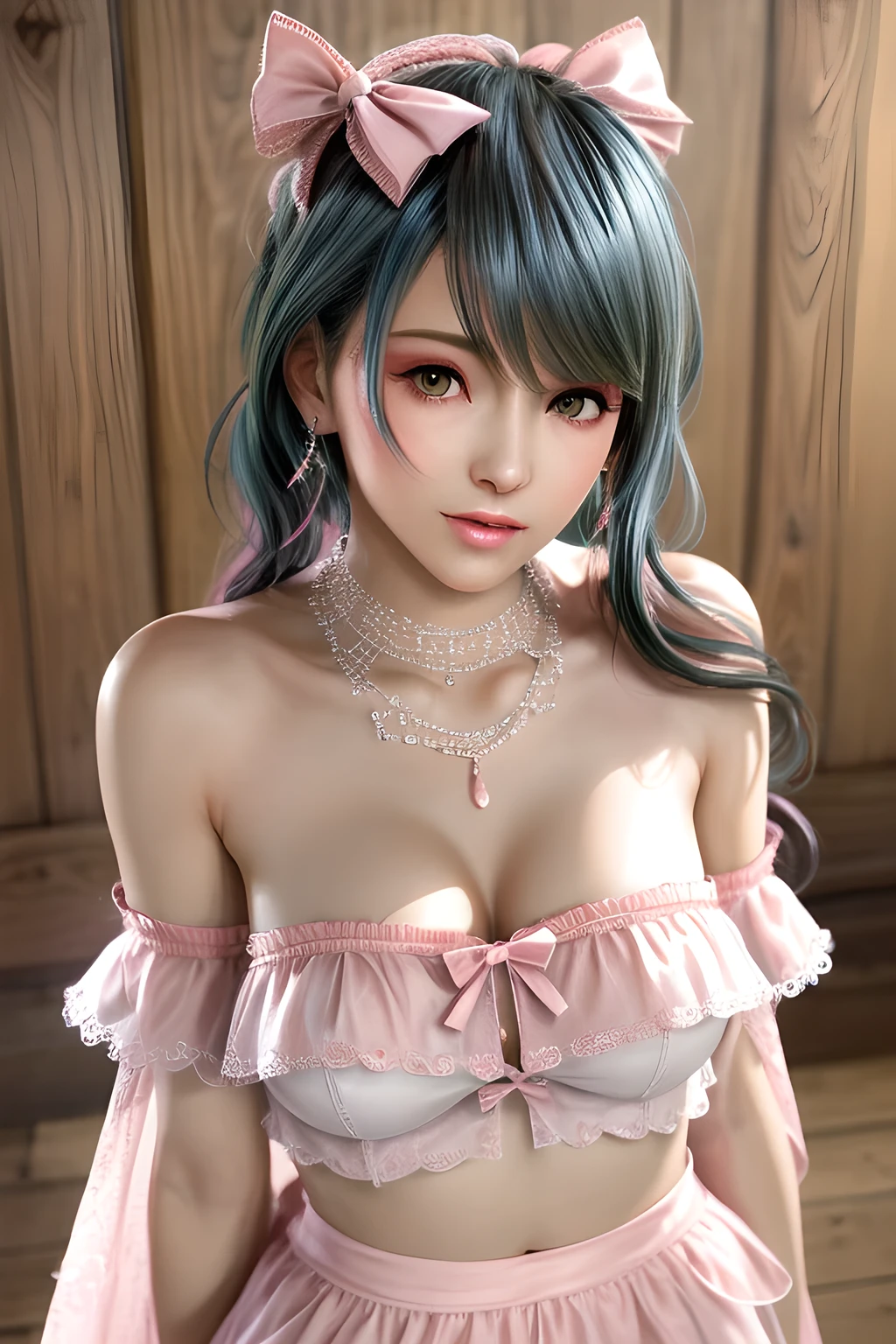 (Masterpiece, BestQuality:1.3), (ultra detailed:1.2), (hyperrealistic:1.3), (RAW photo:1.2), High detail RAW color photo, professional photograph, (Photorealistic:1.4), (realistic:1.4), (Pink Hair:1.5), professional lighting, perfect anatomy, (Big Breasts:1.2), (blush, detailed face), (A happy smile:1.7), Trending Hair&Trending Hairカラーをランダムに, earrings, necklace, bracelet, sexly, erotic sexly, Random sexy gravure poses, (A woman wearing a green crop top and shorts、プールサイドで雑誌を読みながらA happy smileでセクシーなポーズをとっている。Pink Hairのカールヘアが輝いている。:1.3)