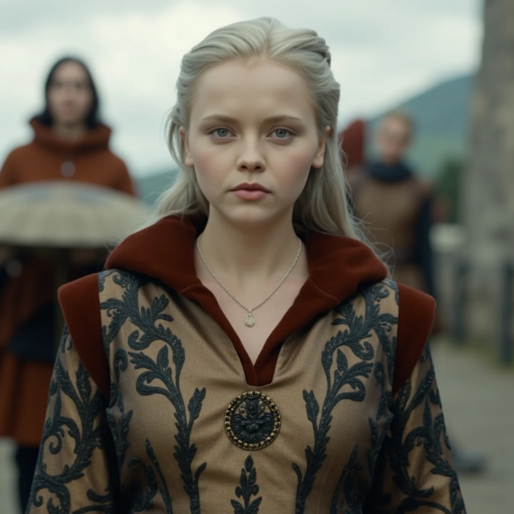 Beautiful 19 year old woman in a game of thrones red dress, blonde hair, blue eyes, soft features, in a carriage