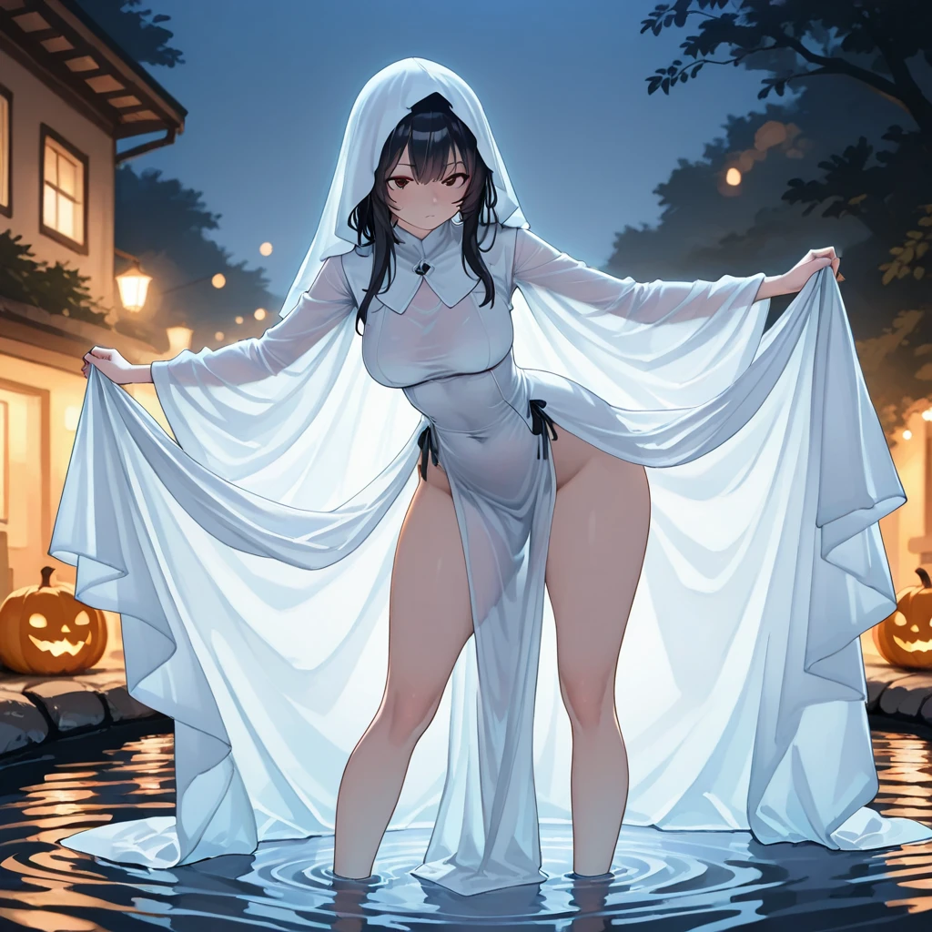 1girl,solo,cowboy shot,standing,(front view:1.2),(black hair:1.6), hair bun, double bun, twintails, hair ornament, blunt bangs,(orange eyes:1.4),(rabbit ears:1.2),(beautiful fingers:1.6),(perfect anatomy:1.6),(arms_behind_back:1.6),(cold_shoulder:1.2),BREAK,(pure white playboy bunny:1.6),(lace glossy silk lamé:1.4),(latex luster shiny glossy:1.6),(shiny_clothes:1.6),medium breasts,beautiful breasts,masterpiece,best quality,(Ultra high definition eyes:1.2),8k,(Beautiful detailed eyes:1.2),(Fine and beautiful eyes:1.2),(pretty eyes:1.2),finely detail,extremely CG, absurdres,high resolution,illustration,Detailed and beautiful outlines,finely detail,high resolution,(colorful refraction:1.4,Increase saturation:1.2),beautiful lighting,dynamic lighting,closed room,black background,(simple background), smile,looking at viewer,tao,dress, white dress, sleeveless dress,(pure white thigh boots:1.4)