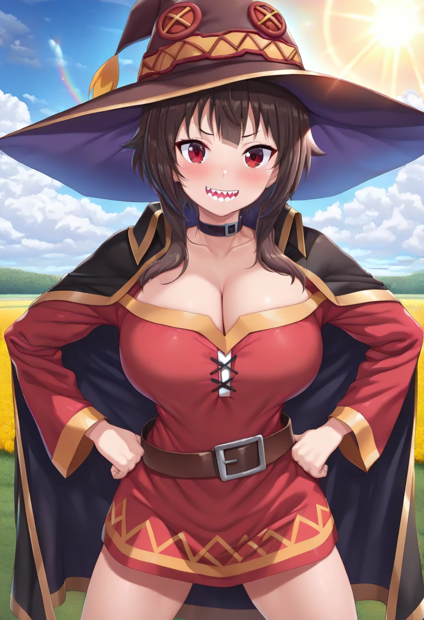 megumin(konosuba),1girl,solo,Females in heat,blush,super huge breasts,slender,looking at viewer,near,out door's,grasslands