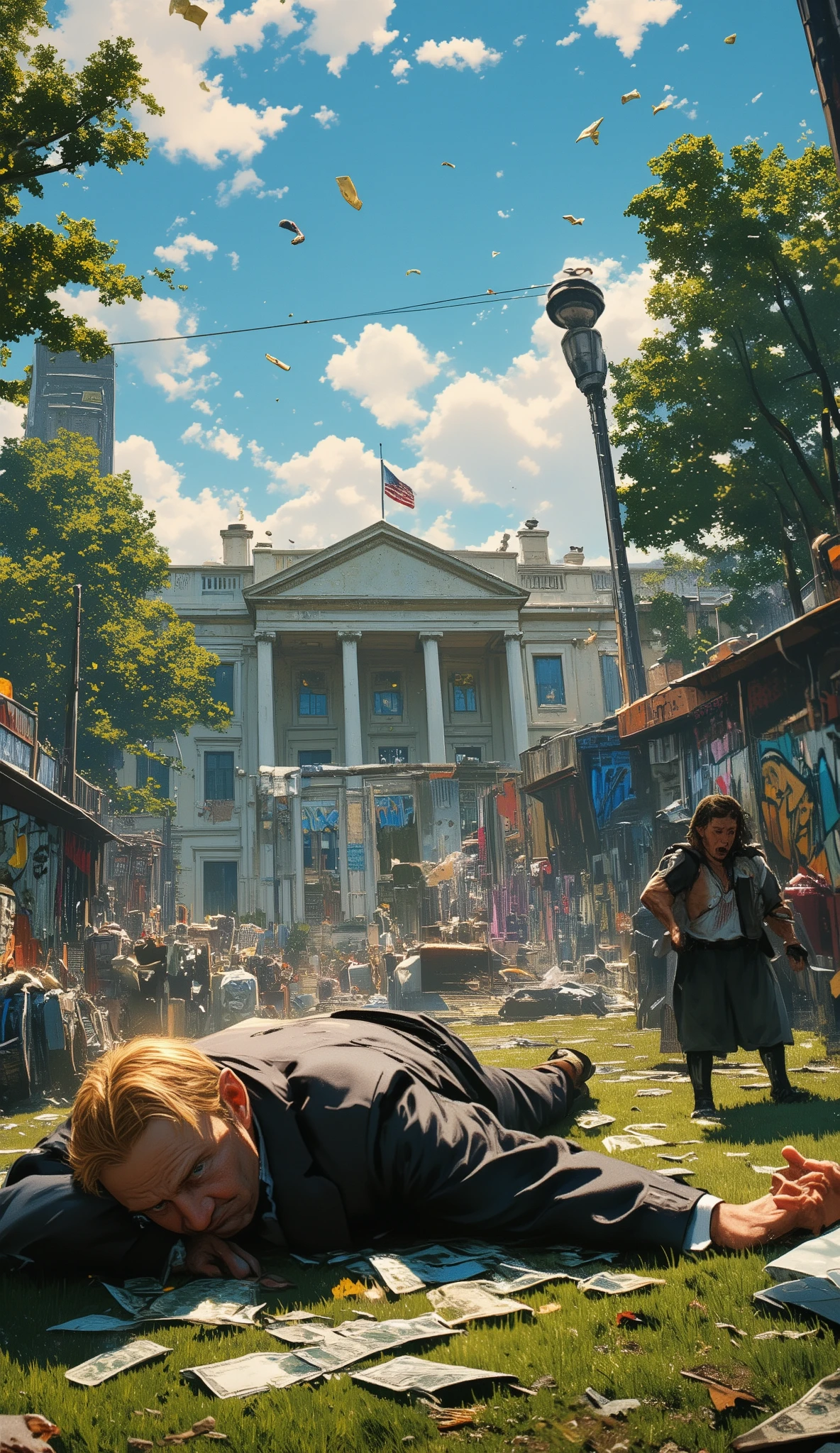 (tariff battle, Graffiti, bullet holes, (stolen bills falling:1.5), Generate a (GTA-style:1.5) tariff battle, Top quality, ultra fine, 16K, incredibly absurd, highly detailed, 2.5D, delicate and dynamic, A fat, blond white 83years old Mr.President of U.S.A lying on garbage dump of the Whitehouse after losing a tariff fight