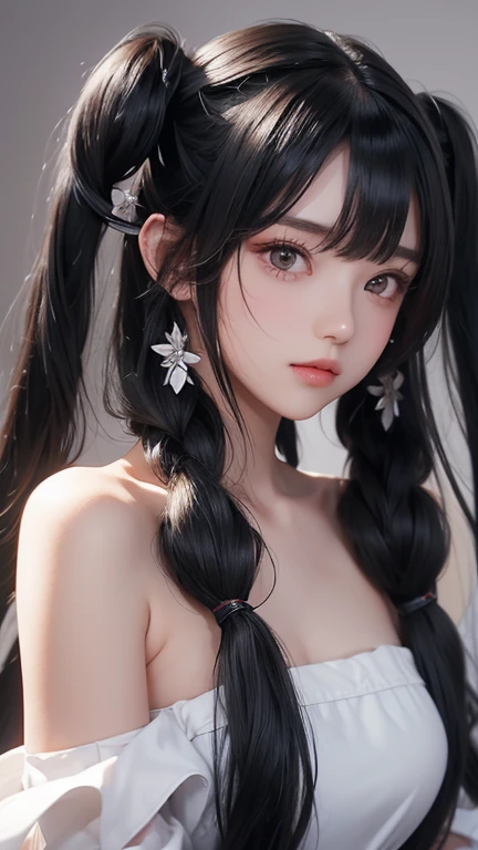 melty, 1girl, blue eyes, small breasts, eyes visible through hair, hair intakes, bangs, purple hair, bangs, forehead, very long hair, twintails, parted bangs, hair bow, hair ribbon, beautiful, beautiful woman, perfect body, perfect breasts, wearing an oversized white t-shirt, short jeans, wearing a handbag, a watch, wearing earrings, cozy shop there, department store, ponytail, looking at the viewer, a slight smile, realism, masterpiece, textured leather, super detailed , high detail, high quality, best quality, 1080p, 16k