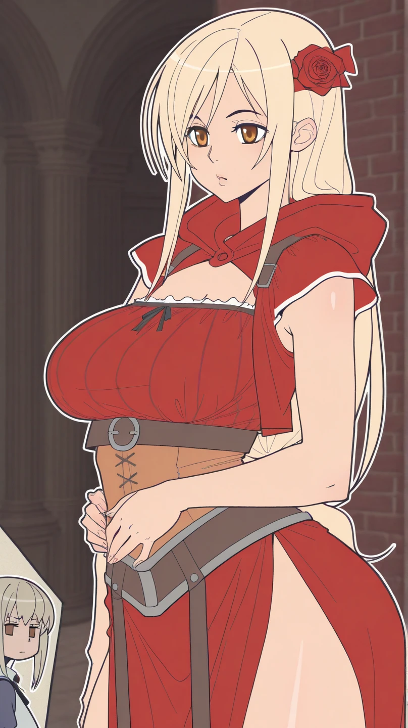 tarot card, (blonde red eyes girl), (huge breasts:1.2), (nipples:1.2), (adventurer:1.5), (determined eyes:1.2), (ruined medieval city:1.2)