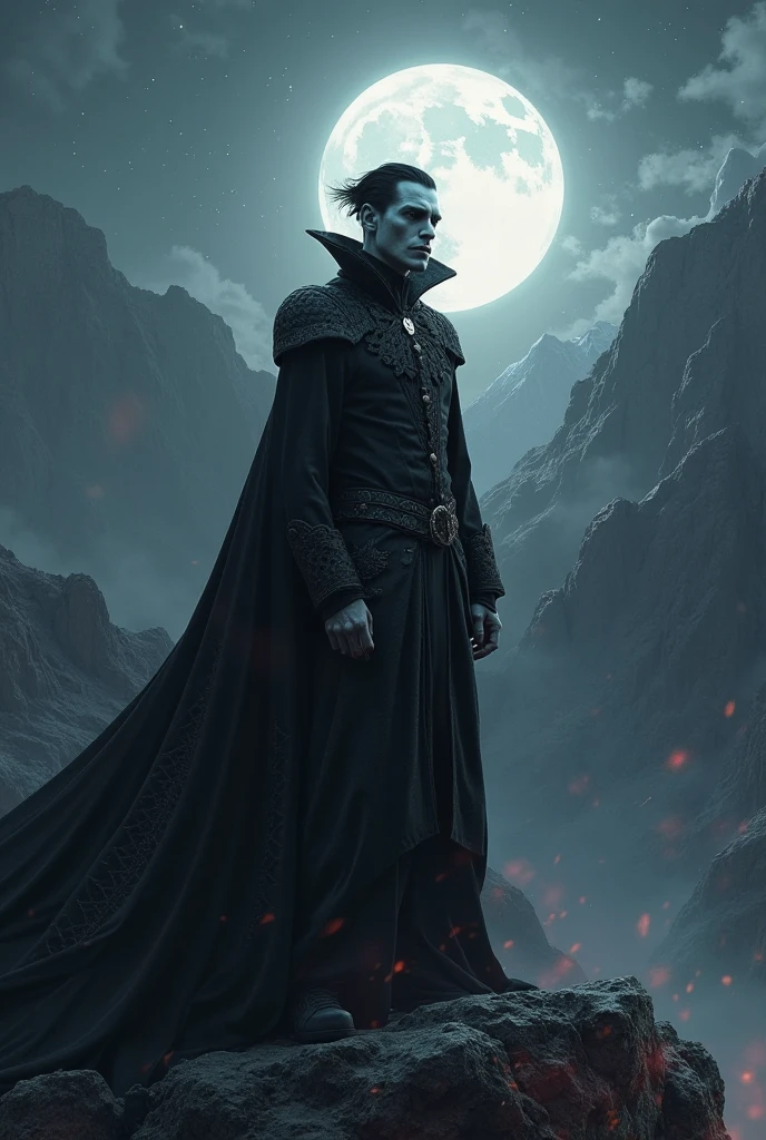Here is a sentence to create an image of a vampire in a dark, mystical setting:

"Emerging from the shadows of a forgotten, moon-shrouded cathedral, a majestic vampire rises, his piercing, crimson eyes aglow with ancient power, as his chiseled, deathly pale face seems carved from the very darkness itself, his raven-black hair cascading like a waterfall of night, and his black, velvet cape billowing behind him like a dark wingspan, while his razor-sharp fangs gleam in the faint, eerie light, and the air around him seems to chill, as if death itself has taken form, exuding an aura of eternal, haunting mystery."

Imagine the haunting, gothic scene!