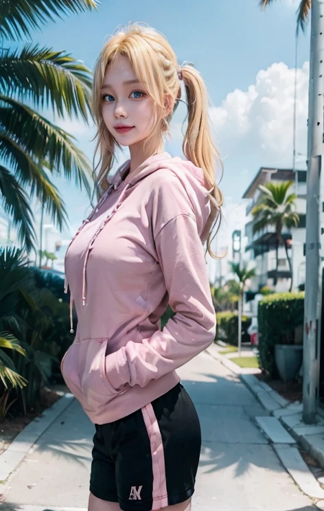 8k, masterpiece, best quality, photorealistic, highly detailed, Depth of field, Cinematic Light, Lens Flare, Ray tracing, (very beautiful face, beautiful lips, beautiful eyes), intricate facial details, (( very detailed skin)) 1girl, (round figure), in the dark, deep shadow, (large window, beautiful girl, earrings, bracelet, necklace, clear eyes, (white pink skin), ((Black Trouser)), ((Pink hoodie)), ((Round big boobs)), ((Healthy fit long body)), (blonde hairs), (Standing on the rooftop), detailed ass, detaile front ass view, at night, smile,