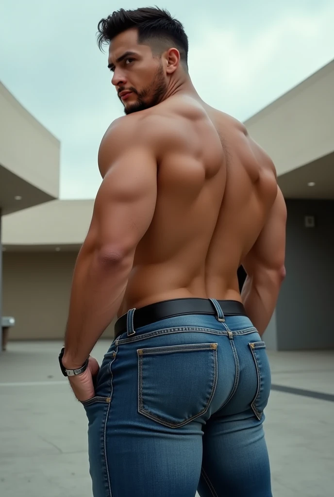 Onur Tuna, shirtless, big muscles, empinado, muy nalgon, hombros anchos, big biceps, un gym, cuerpo completo, Barbas de chivo, ultra realistic, Big Bubble butt, black jeans backside Bent over picking up something backside